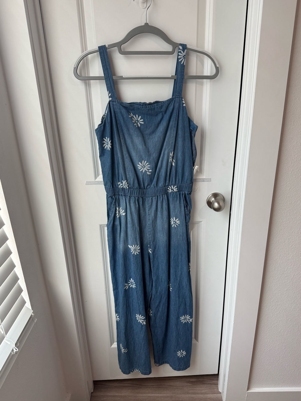 Copper Key Blue Denim Daisy Floral Overalls Jumpsuit 70’s Retro Wide-Leg